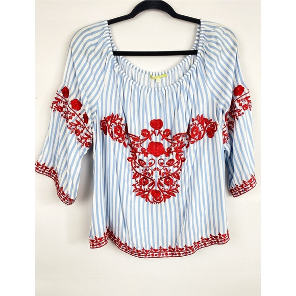 Gianni Bini Embroidered Peasant Blouse L Blue Boho Off the Shoulder Stripe Beach - Picture 4 of 9